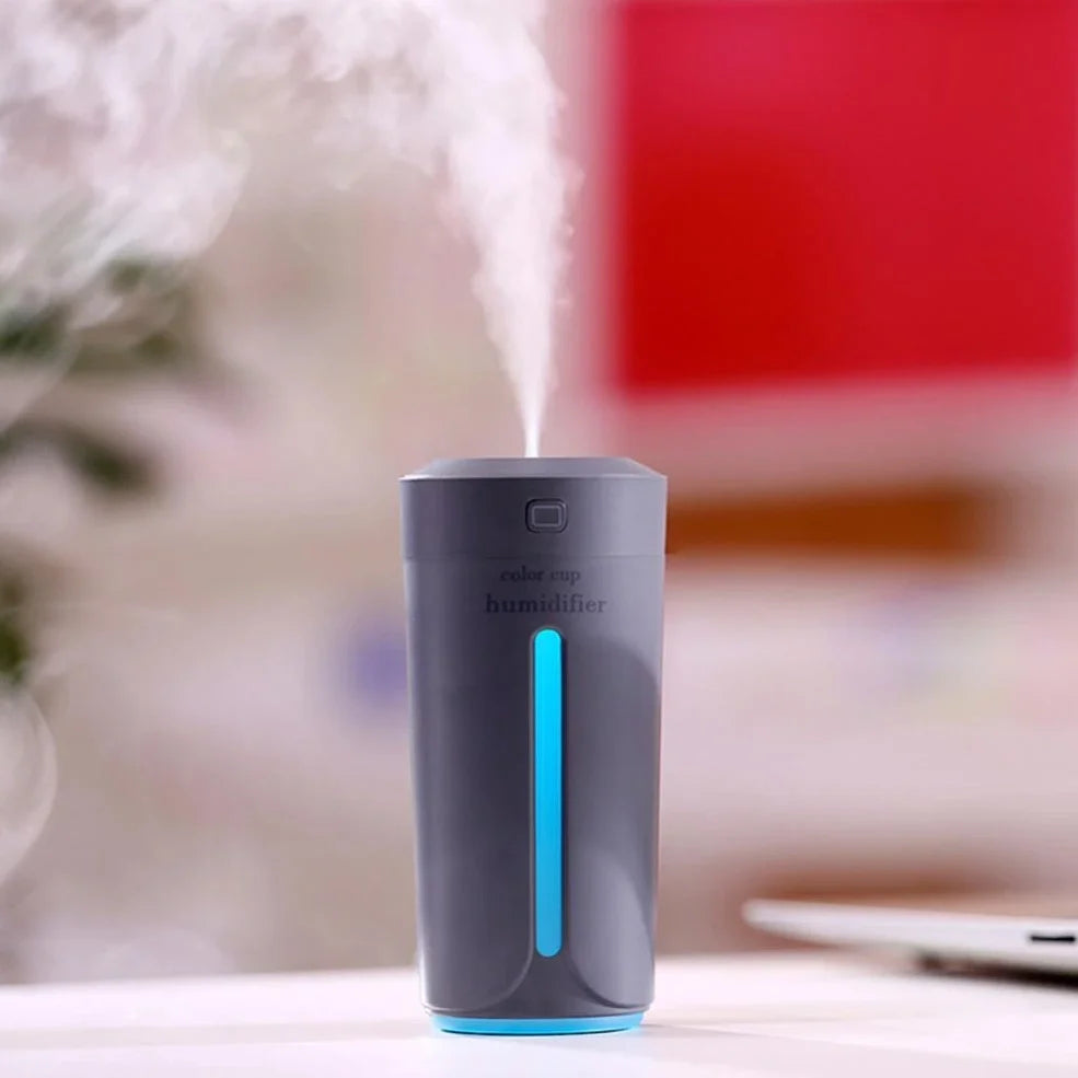 Mini USB humidifier with transparent water tank showing 7-colour LED illumination