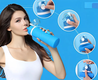 Orange silicone folding water bottle showing collapsed 7cm height and expanded 22cm height with 750ml capacity