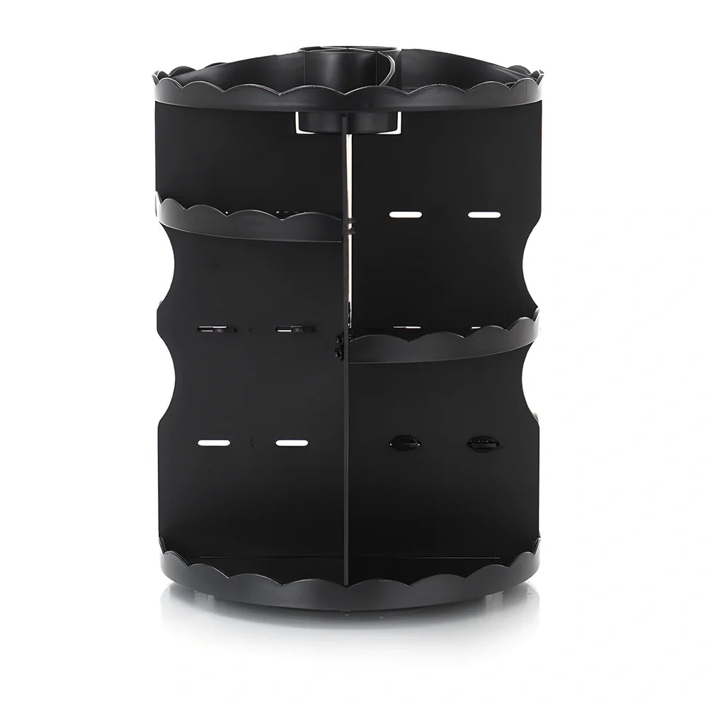 Rotating cosmetics organiser with 360-degree mechanism measuring 23 x 30.5cm in plastic construction