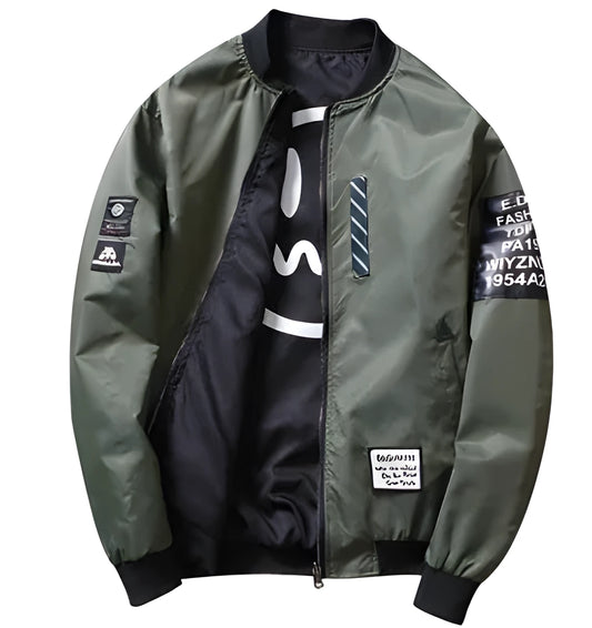 Men's reversible flight jacket in striped pattern with zip closure shown in black colour