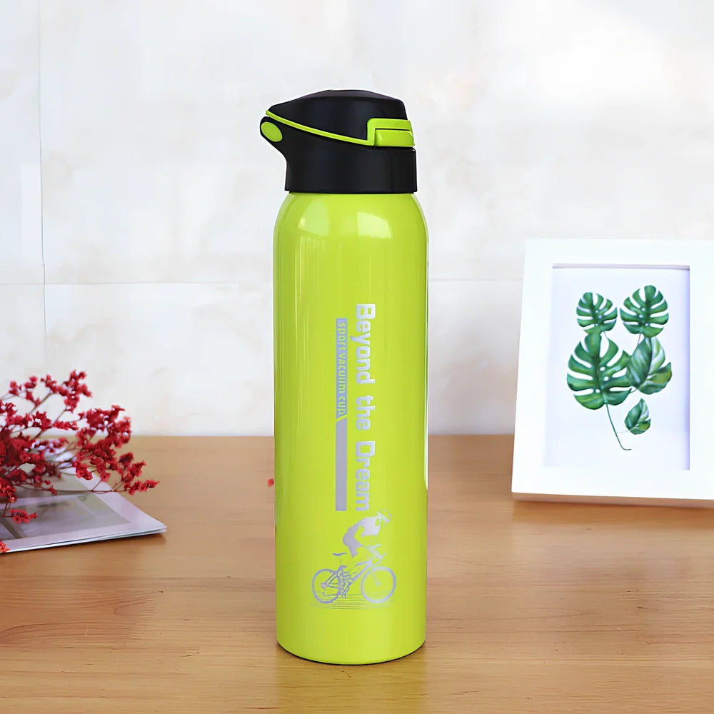 500ml stainless steel sport thermos water bottle in pink, black, green, and silver colours showing straight-cut design