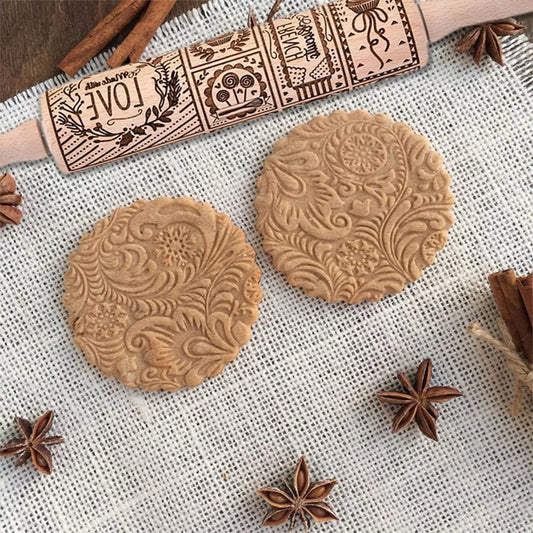 Beautifully engraved Christmas snowflake-patterned rolling pin for creating intricate designs on cookies, pastries, and soft candies