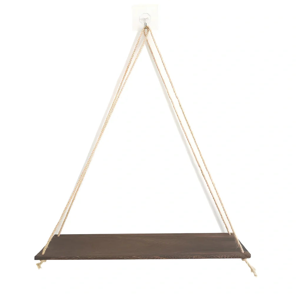 Natural wood wall-mounted shelf displaying small plants and framed photos with 1.3m hanging cord