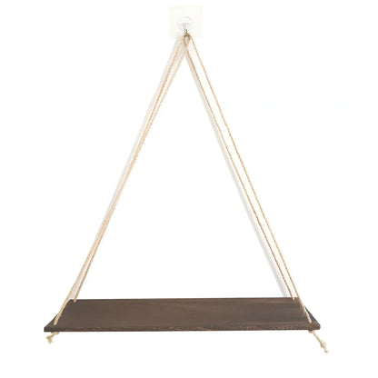 Natural wood wall-mounted shelf displaying small plants and framed photos with 1.3m hanging cord