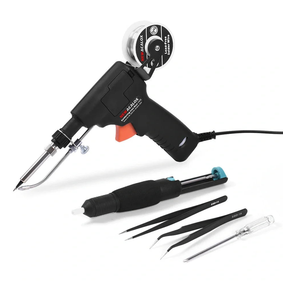 Black manual soldering iron with temperature control dial and replaceable alloy tip for electronic soldering