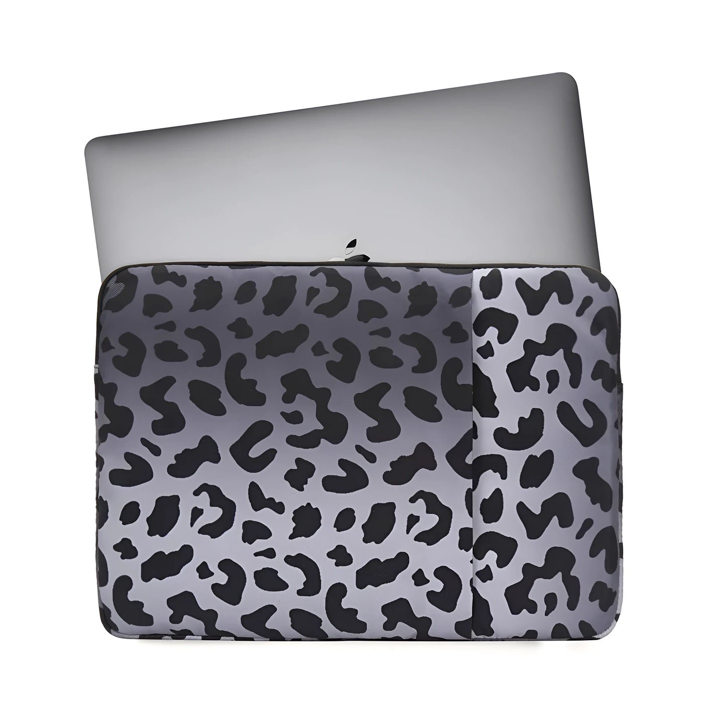 Leopard print waterproof laptop sleeve for 13-inch to 16-inch devices with anti-shock flannel protection.