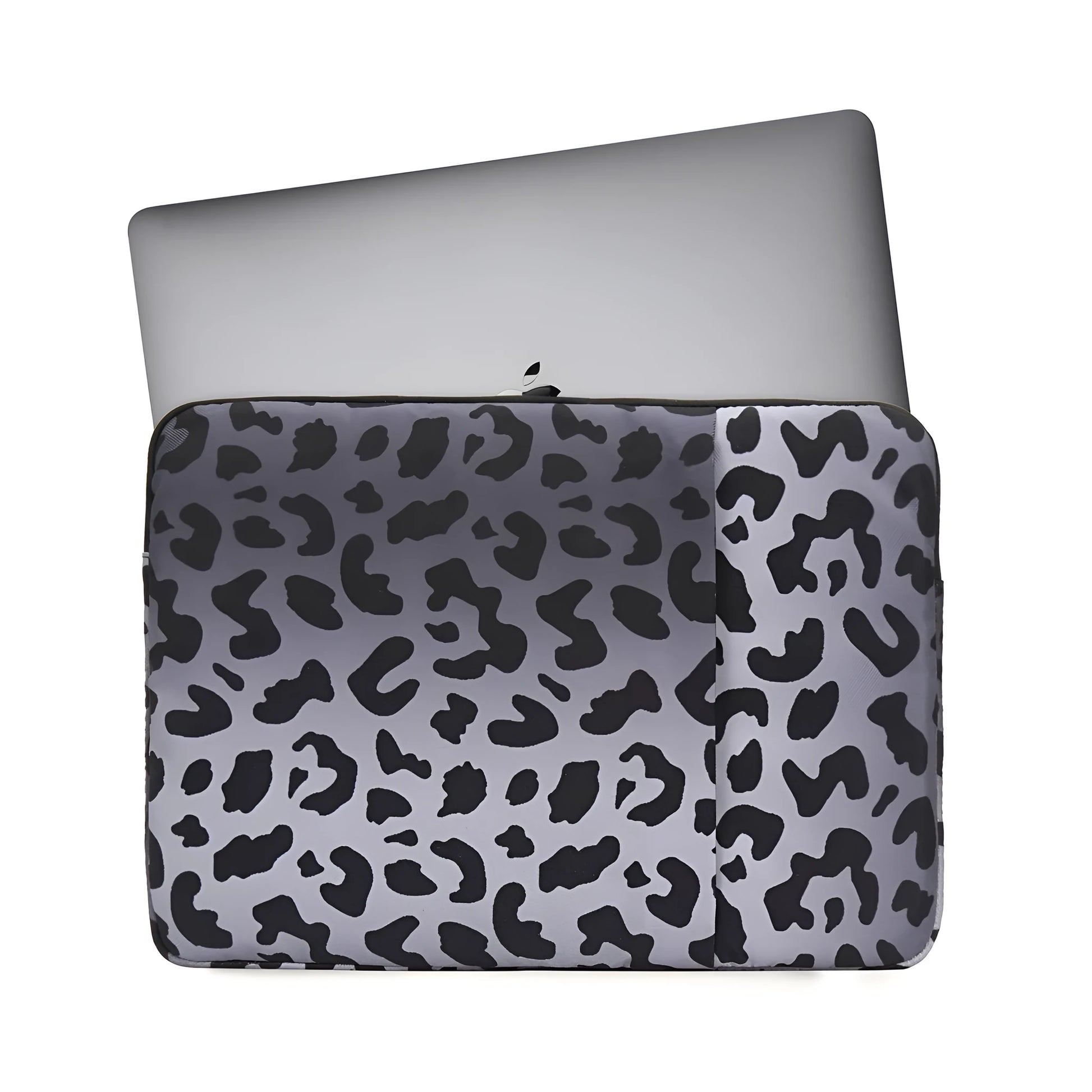 Leopard print waterproof laptop sleeve for 13-inch to 16-inch devices with anti-shock flannel protection.