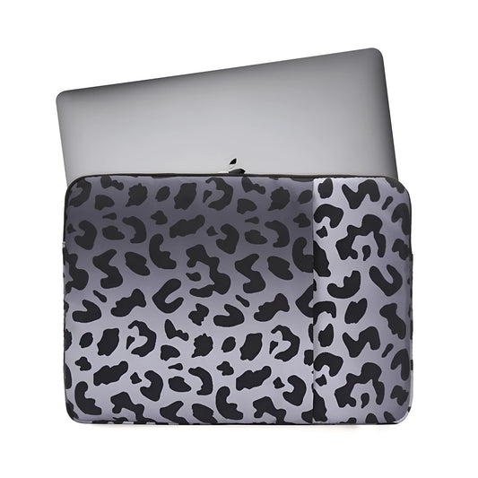 Leopard print waterproof laptop sleeve for 13-inch to 16-inch devices with anti-shock flannel protection.