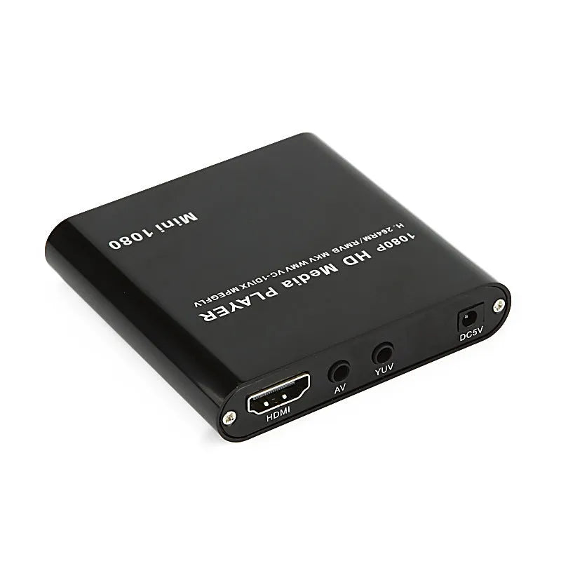 Black or blue 1080P Full HD media player with HDMI port, SD card slot, and USB inputs.