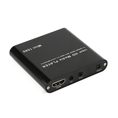 Black or blue 1080P Full HD media player with HDMI port, SD card slot, and USB inputs.
