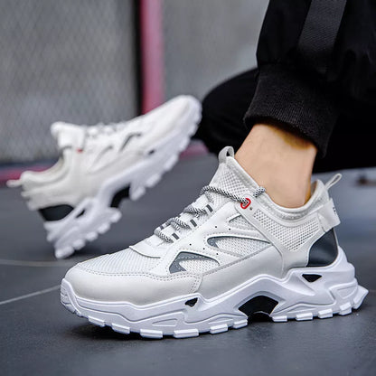 Four Seasons Sports Daddy Shoes in white, grey, and black with breathable mesh design