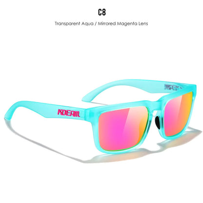 Square polarised sunglasses with TAC lenses and a PC frame, shown in one of 12 available colour options.