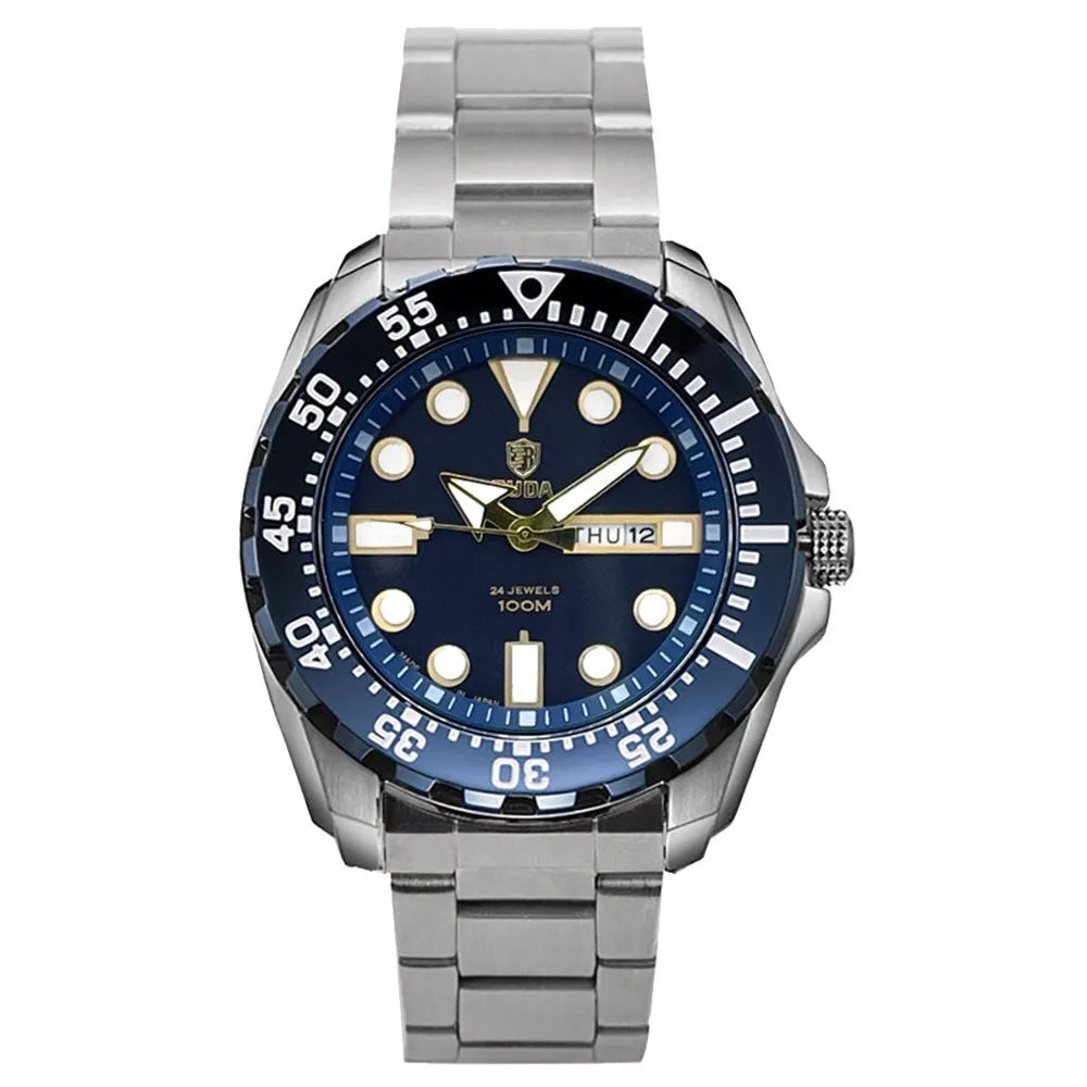 Men's waterproof luminous sports watch showing blue dial with steel strap option