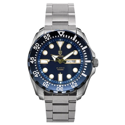 Men's waterproof luminous sports watch showing blue dial with steel strap option