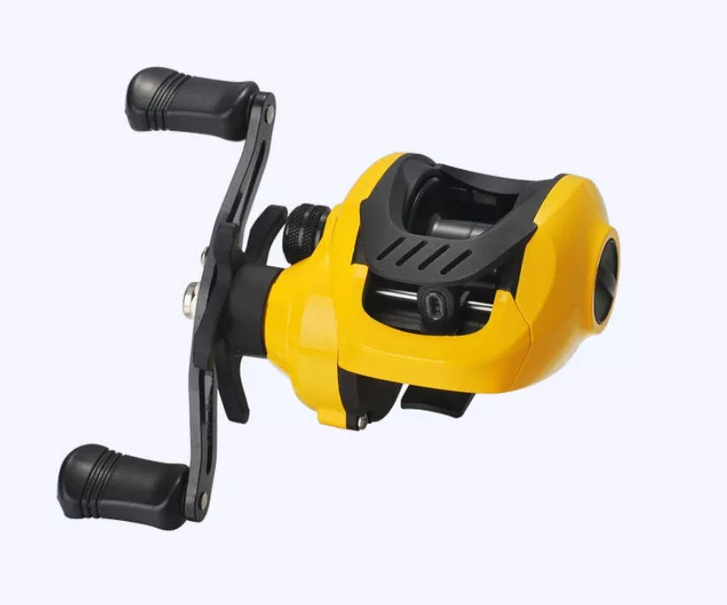 Small Yellow Water Drop Wheel Fishing Reel with shallow line cup option