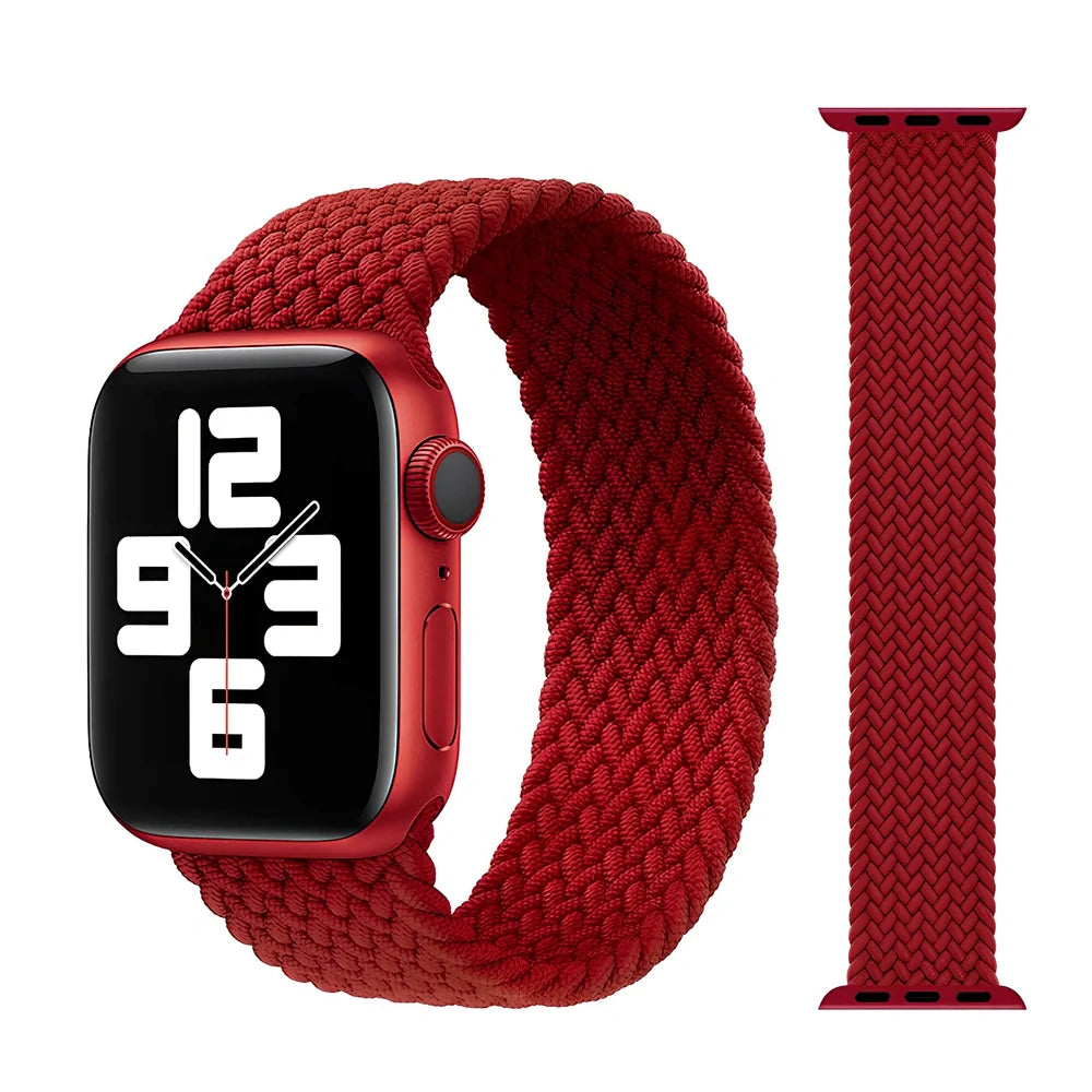 Apple Watch with elastic braided nylon strap in single-loop design showing stretch capability