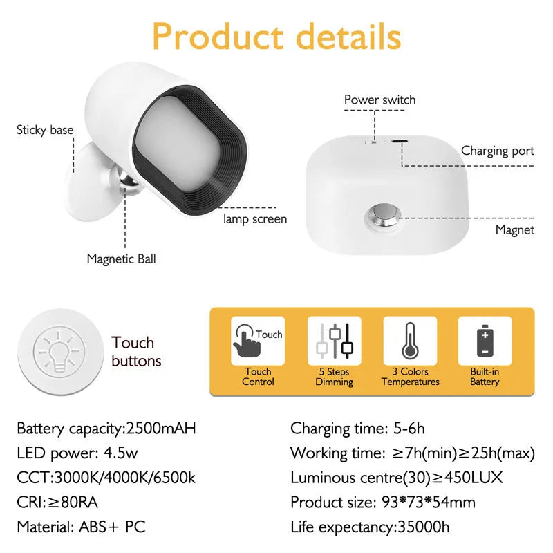 White remote touch magnetic wall lamp with oval light, showing 360-degree rotation and remote control for colour changing.