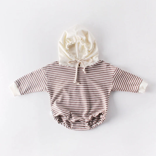 Striped baby climbing suit with hood and triangle design for crawling