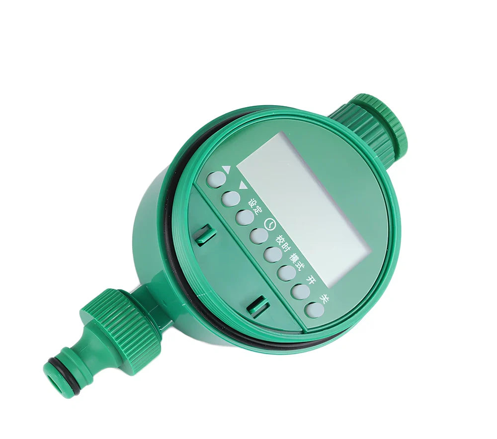 Green home garden irrigation controller with LCD display showing watering schedule and time