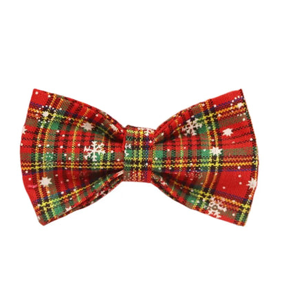 Red snowflake plaid Christmas dog collar and leash set with matching floral vest and bow accessory