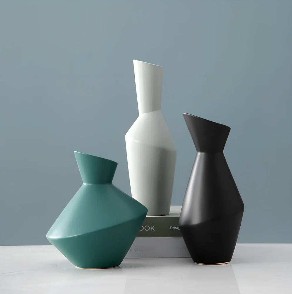 Nordic oblique mouth ceramic vase in black, 20cm height, geometric design for flower stems