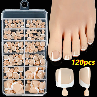 Box of 120 full square short artificial nail tips with French white edges in multiple nude shades.