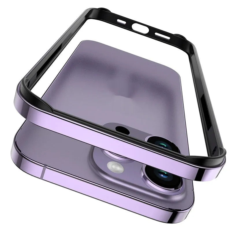 Ultra-thin metal phone case for iPhone 15 Pro Max in Dark Night Purple with shockproof border and oxidised finish.