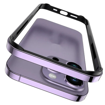 Ultra-thin metal phone case for iPhone 15 Pro Max in Dark Night Purple with shockproof border and oxidised finish.