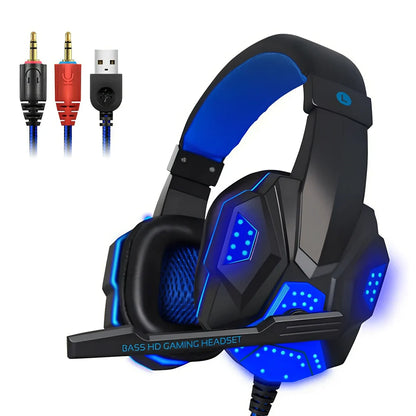 3.5mm gaming headset with LED lighting in blue colour, head-mounted design with adjustable headband