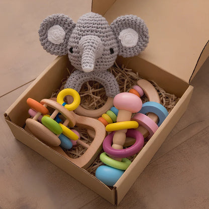 Wooden educational toy set with five beech wood rattles for children's emotional development