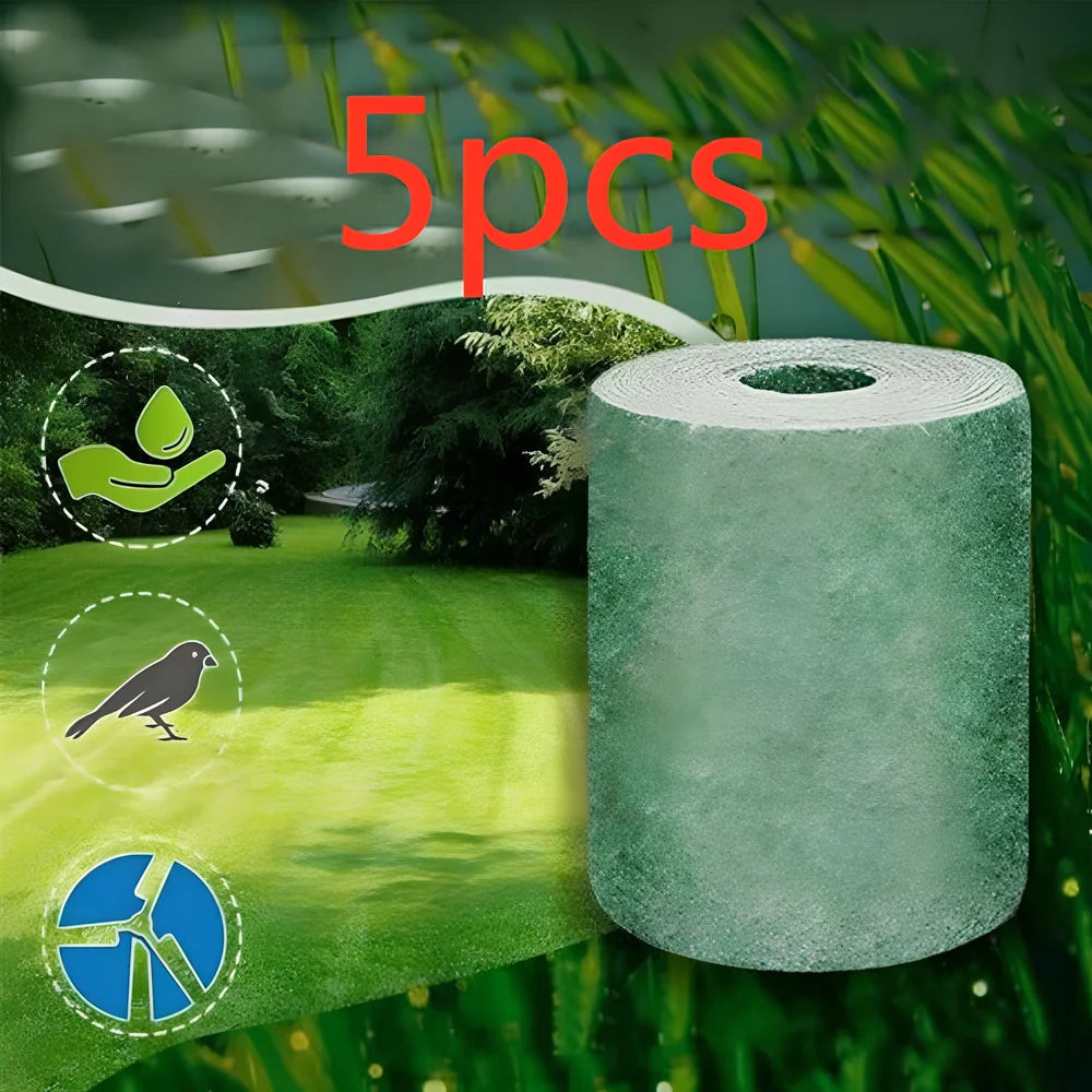 Biodegradable grass seed mat unrolled, 20cm x 300cm size, showing wind-proof fabric for soil consolidation and moisture retention in garden use