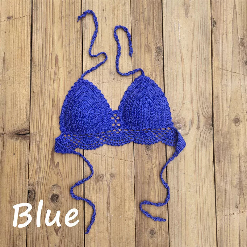 Boho crochet bra in various colors with backless design and chest pad