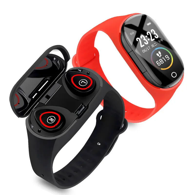 Blue, black, or red silicone smart bracelet with earphones for Android, showing 1-inch screen.