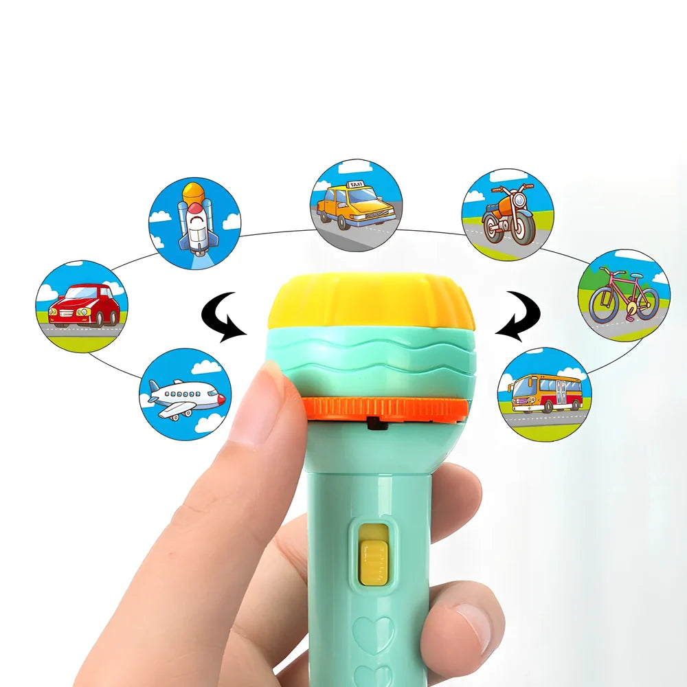 Red plastic cartoon projection flashlight showing rotating lens for 80 pattern changes