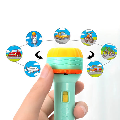 Red plastic cartoon projection flashlight showing rotating lens for 80 pattern changes