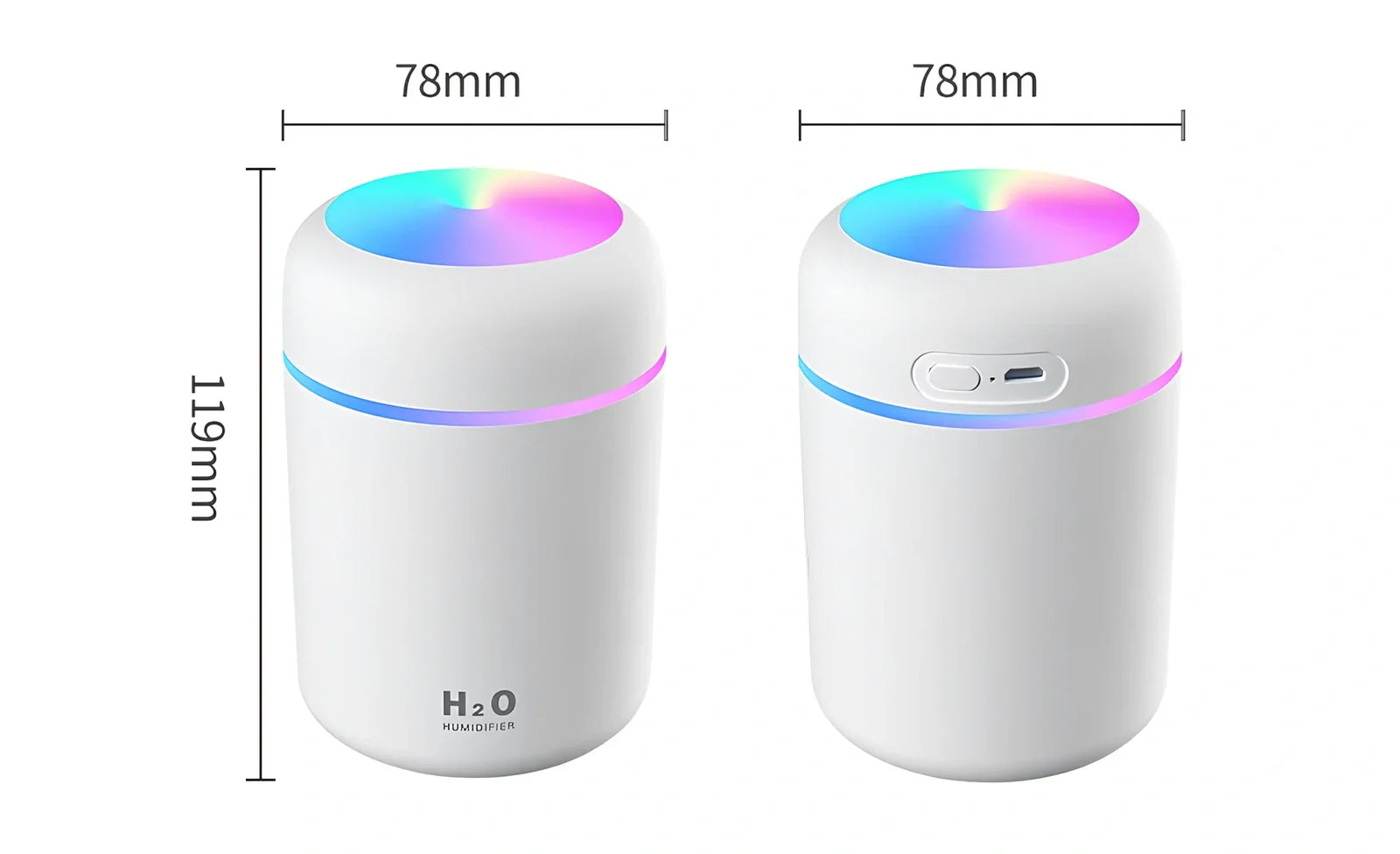Compact USB car humidifier with colourful LED light and 300ml water tank for vehicle use