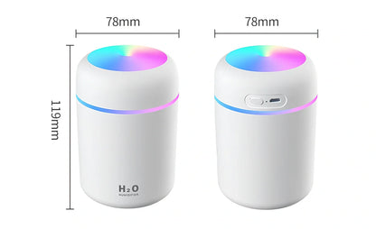 Compact USB car humidifier with colourful LED light and 300ml water tank for vehicle use