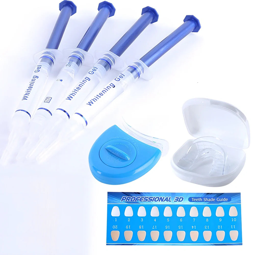Teeth whitening gel kit with thermoform trays, cold light lamp, 10 gel syringes, and 3D shade guide showing 7-10 improvement