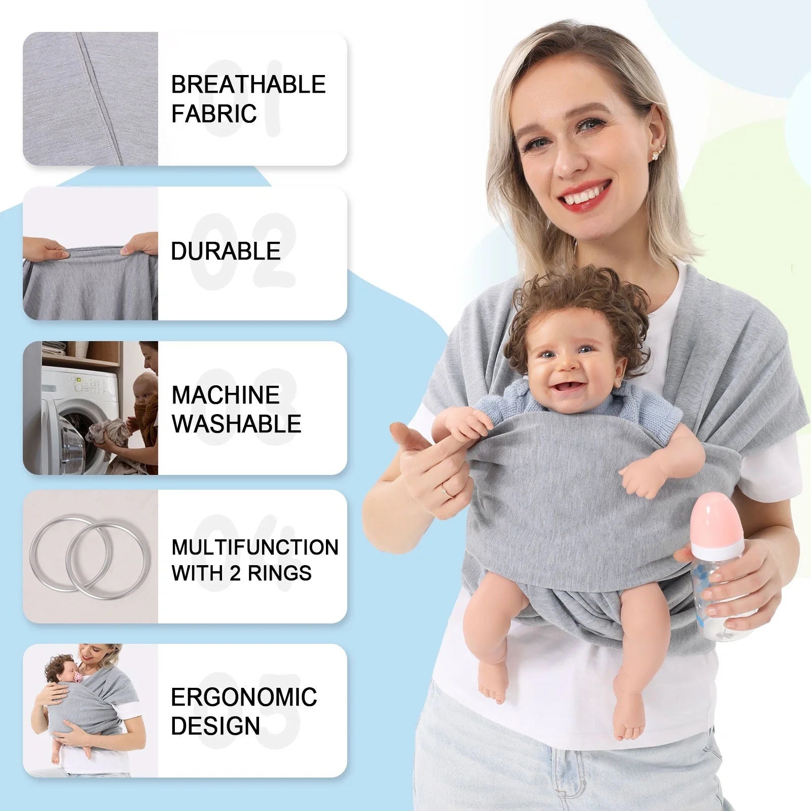 Multi-functional baby carrier wrap in various colors for front and back carrying