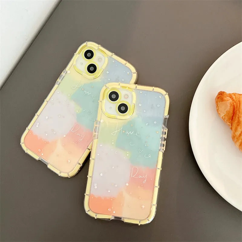 Minimalist silicone phone case for iPhone 14 with a yellow contrast edge on a white background.