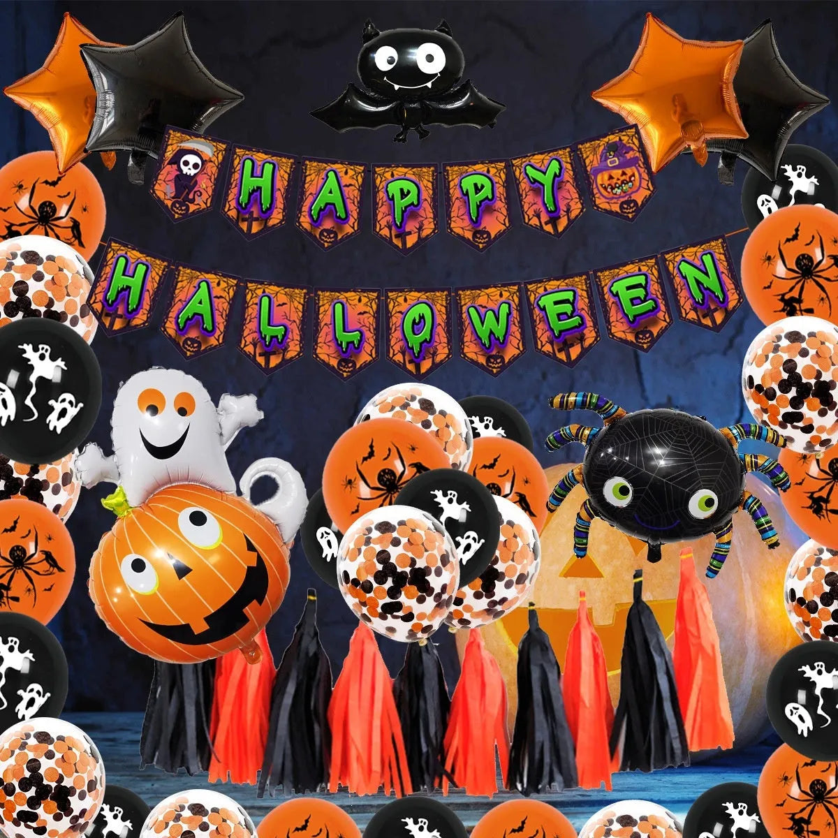 Halloween balloon combo set with spider balloon arch and white and black round latex balloons for party decorations