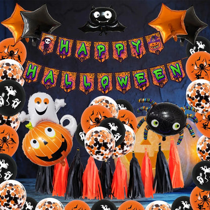 Halloween balloon combo set with spider balloon arch and white and black round latex balloons for party decorations