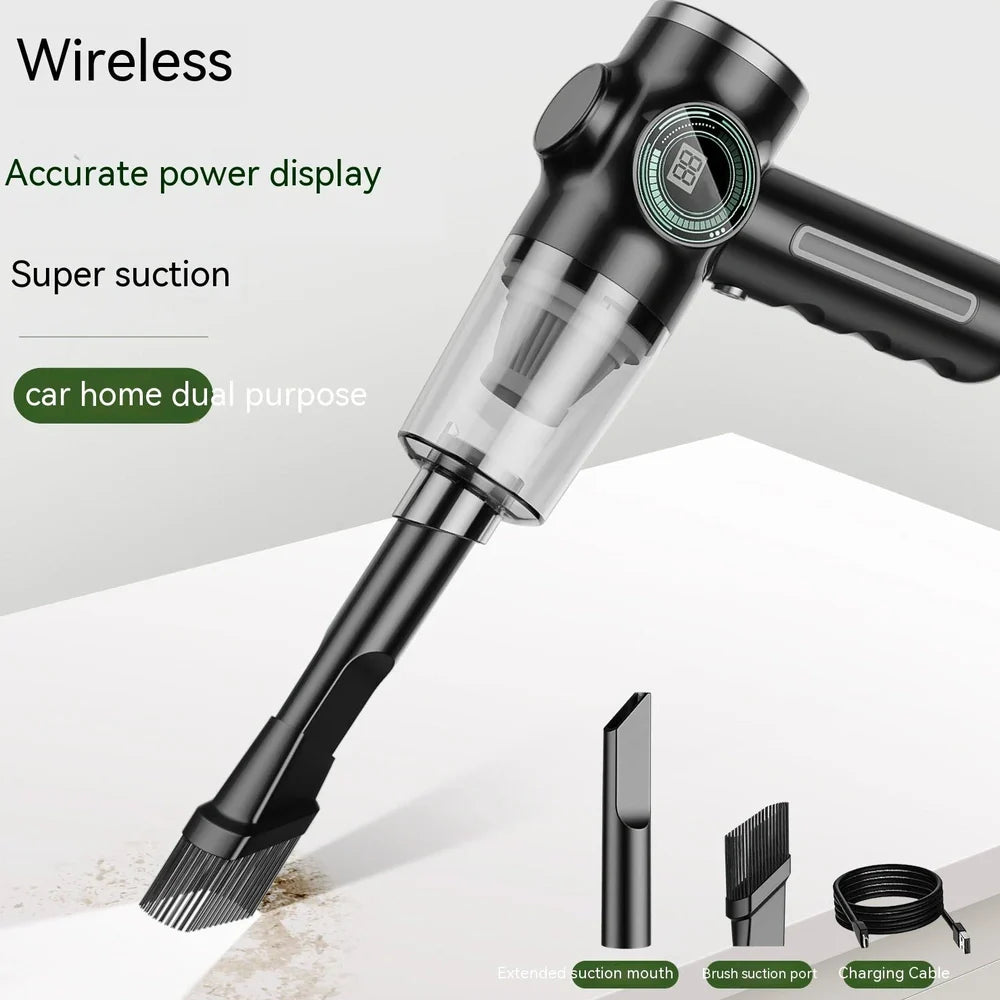 Black handheld vacuum cleaner with USB charging port measuring 25cm length for car and home dust removal
