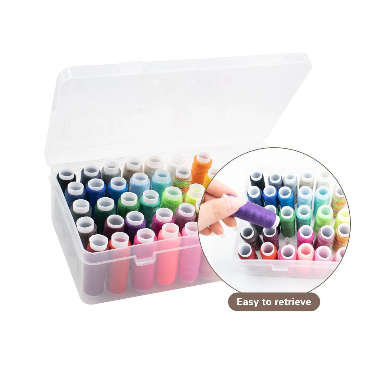 Transparent plastic sewing storage box with 42 labelled compartments for needles and threads