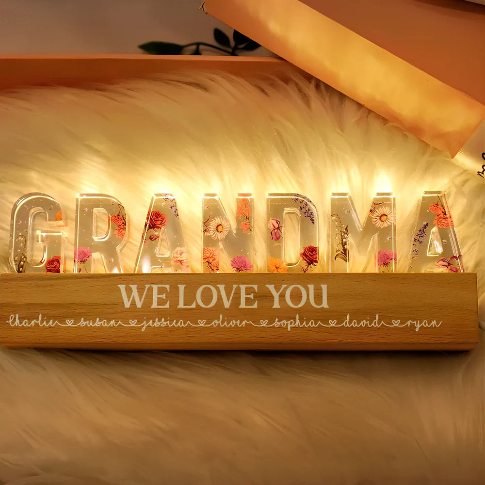 Custom flower printed LED night light with personalised text on acrylic surface in three size options