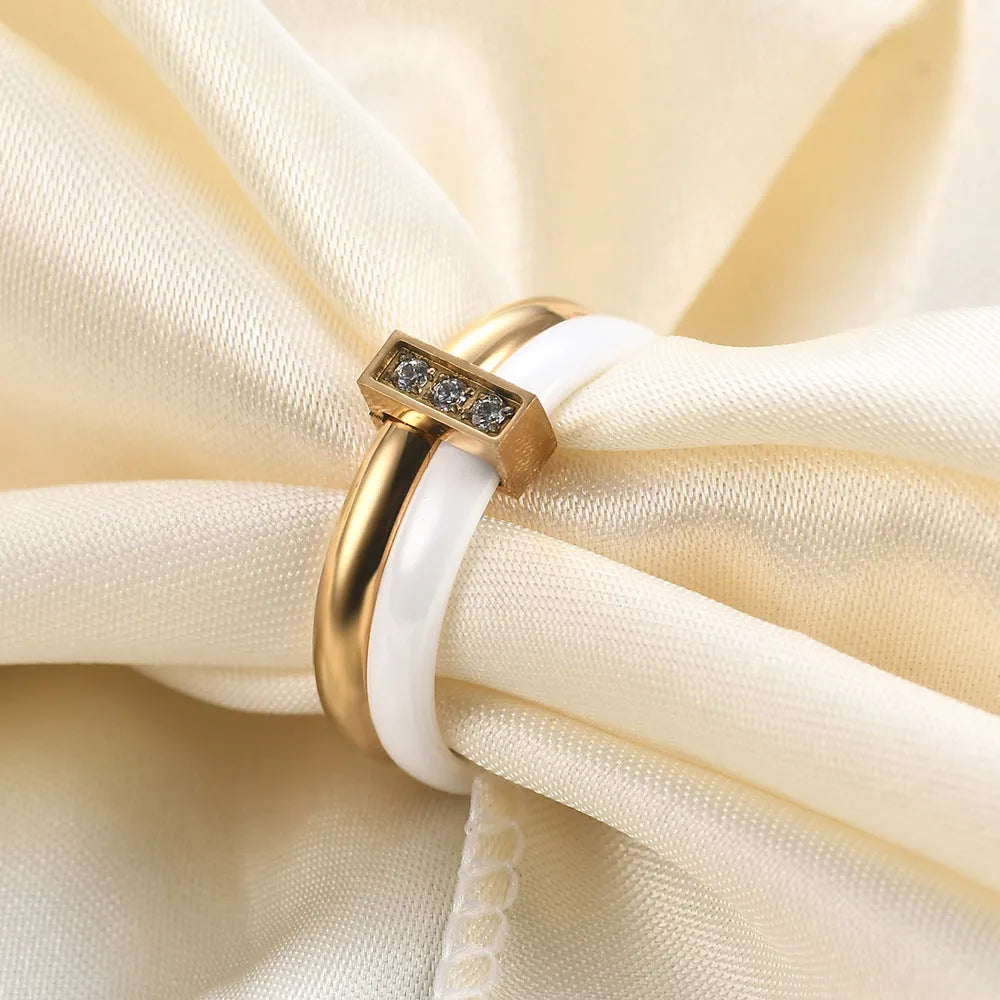 Glossy stitching inlaid zirconium ceramic 6mm ring in geometric design with electroplated finish