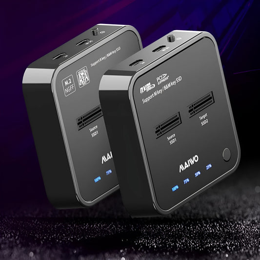 MAIWO K3016 M.2 solid-state drive docking station with power adapter and two USB cables on a desk.