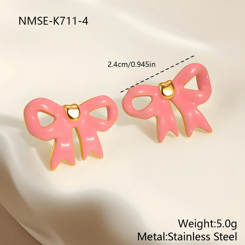 Bowknot necklace and earrings set with adjustable chain in pink and white colour options