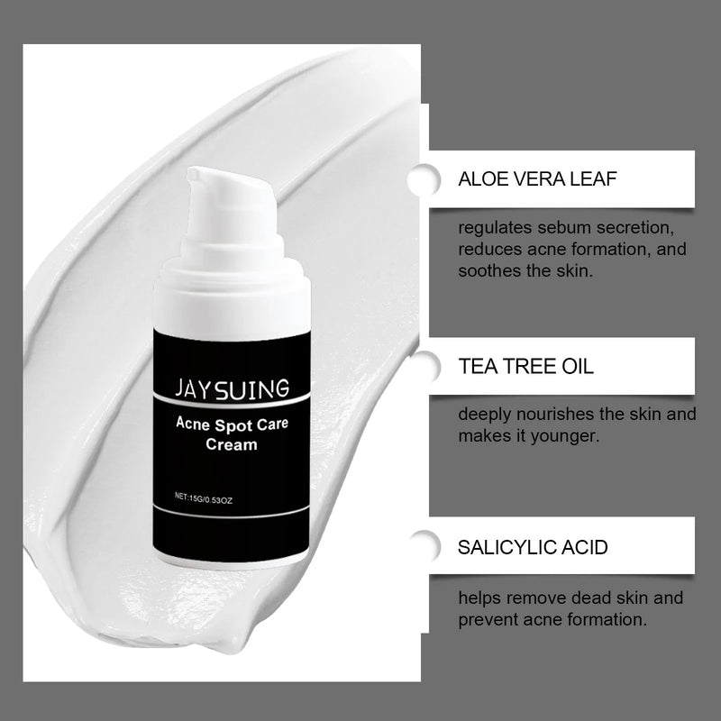 Acne cream mild ingredients hydrating face cream 15g tube with tea tree oil and aloe for targeted blemish treatment, formulated with mint leaf, glycerin, and salicylic acid for skin hydration and care
