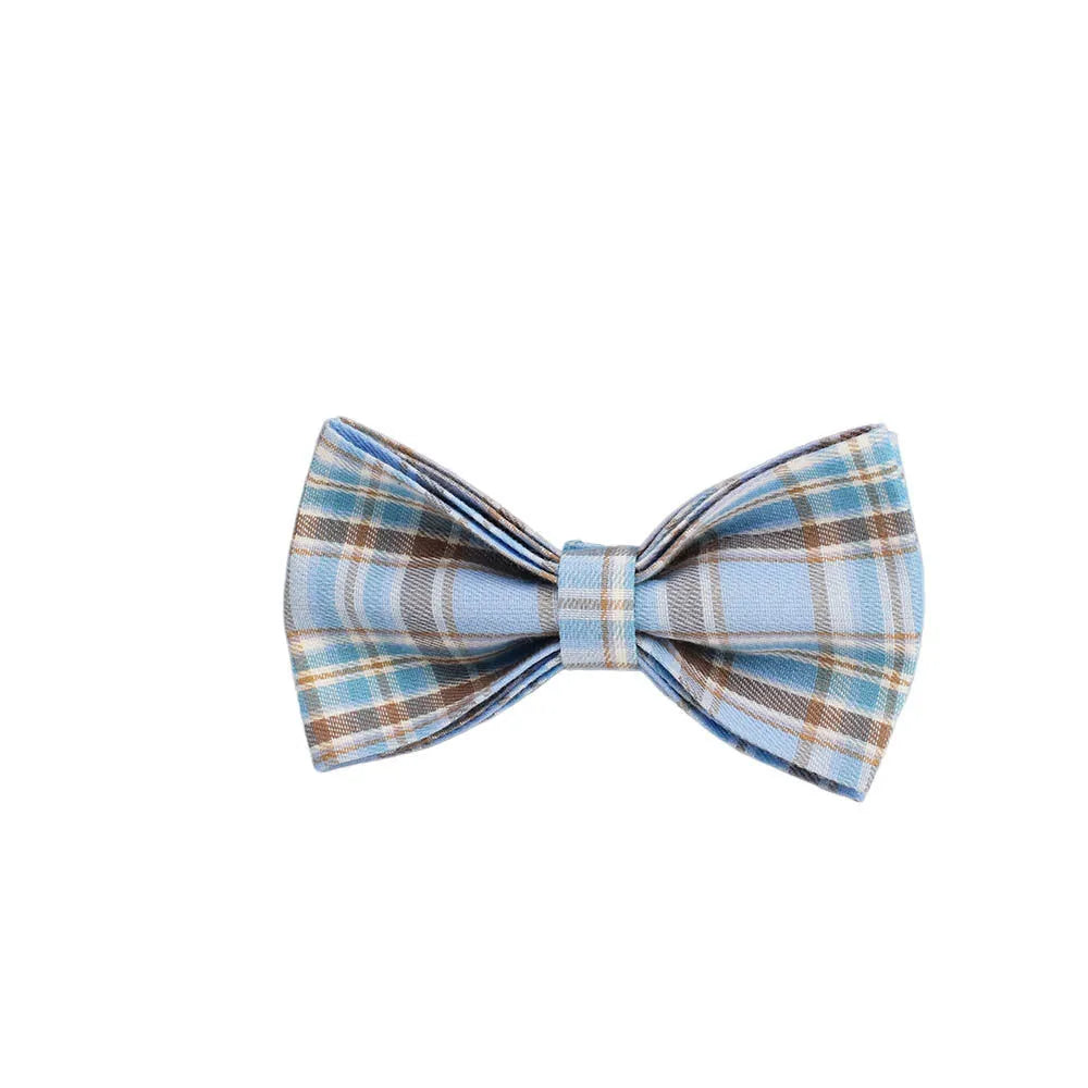 Sky blue grid pattern fabric dog collar, leash, vest, and bow set on a white background.